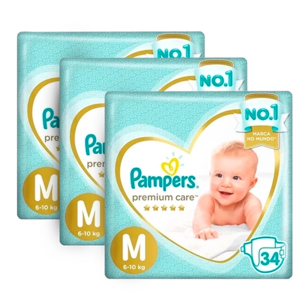 Kit com 3 Fraldas Pampers Premium Care M - 102 Unidades