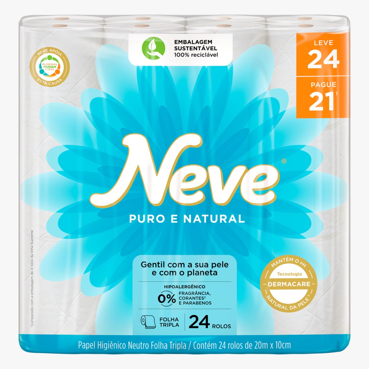 Papel Higiênico Folha Tripla Puro e Natural Neutro Neve 20m Pacote Leve 24 Pague 21 Unidades